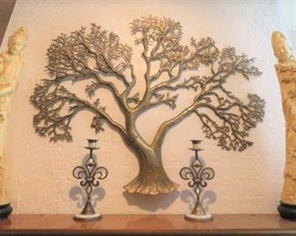 Asian Carved Resin Signed Emperor & Empress Man Woman Statues, Retro Brass Tree Wall Art