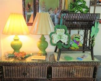 Glass Top Brown Wicker Dresser w/Wall Mirror, Table Lamps