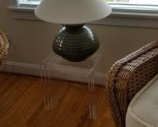 Lucite accent table; table lamps