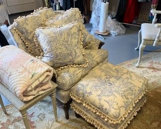 English blue and white Toile chair and ottoman