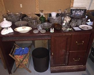 Assorted Glassware and Computer Desk