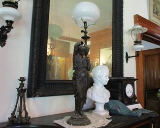 statute lamp, bust & clock