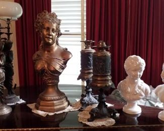 busts & lamps on Marshall & Wendell  baby grand piano