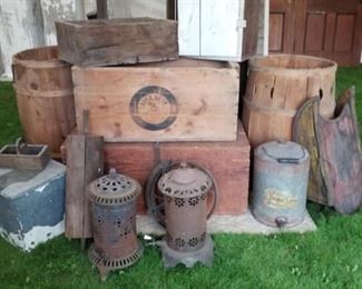 wooden boxes, sled & kerosene stoves