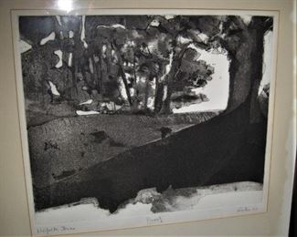 Lino Print by Rojo of forest landscape
