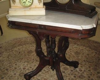 Victorian Marble Topped Parlor Table, Antique Onyx Clock, Antique Ansonia Westminster Chime Mahogany Mantle Clock 