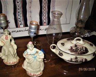 Porcelain Vintage Lamps, Antique Casserole, Antique Glass Oil Lamp