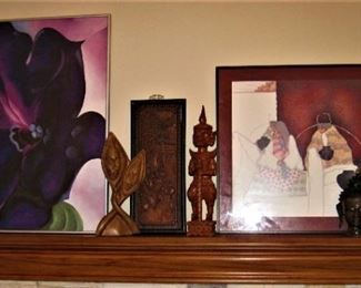 Framed Artwork, Carved Wood Figurines, Carved Chinese plaque, Pair of Contemporary Cast bronze Buddha Heads