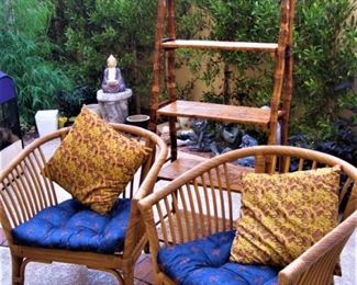 Pair of Rattan Chairs with seat cushions and Pillows, Rattan Shelf 
