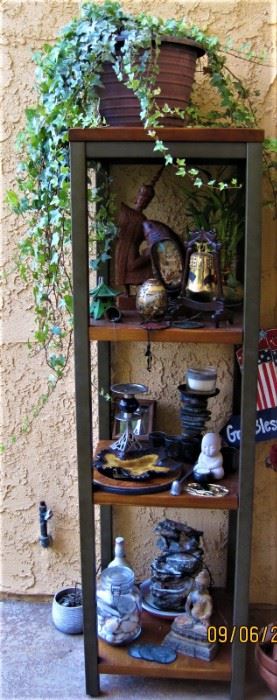 Sturdy contemporary metal and wood shelving with interesting fountain, bells and Knick Knacks! 