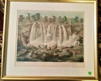 1700's Colored Engraving of Waterfall