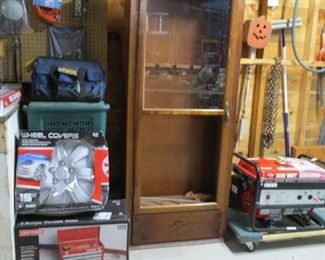 generator, gun cabinet(needs glass), new in box tool box