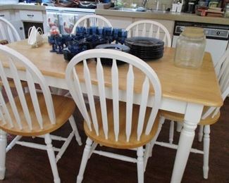 wooden table & chairs & dark blue glass dish set