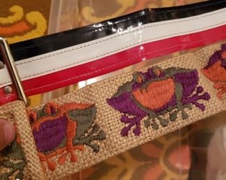 frog belt, and red white and blue patent belt