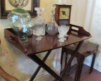 serving tray, decanters, clock, nesting tables