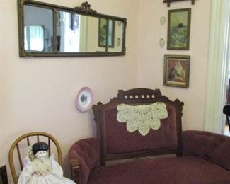 settee, china head doll, mirror & prints