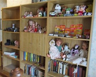 Three shelves, books & some vintage kids items