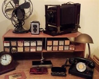 Vintage fan, camera, phones