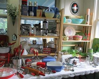 large selection of kitchenware, pyrex, enamelware,