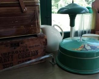 Tin carry box, green tin cake carrier & wooden box