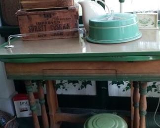 green & tan enamel topped table & vintage green tin items