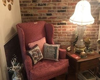 Wing Back Chair, Cut glass Lamp, side table