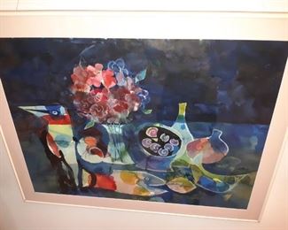 King Hawkins watercolor, bird-fish flowers