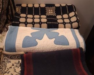 Stunning in mint condition antique woven bed cover blue and cream