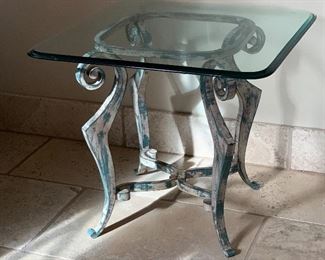 Heavy Cut Iron Scroll Base Glass Top End Table 	 		 