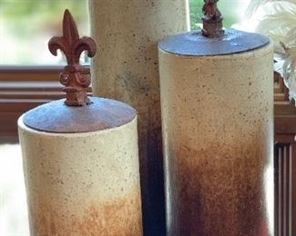 3 Stoneware Rusted MEtal Decor Canisters	24in Tallest		 
