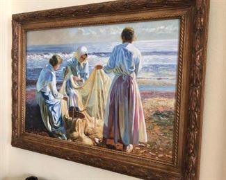Painting - women by the sea repairing nets