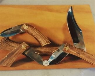 Rare Set of metalsmith Ted Frizzell of Mineral Mountain Hatchet Works masterpiece "Crystal Sister" Knives (please note one of the smaller knives was retained by family).  