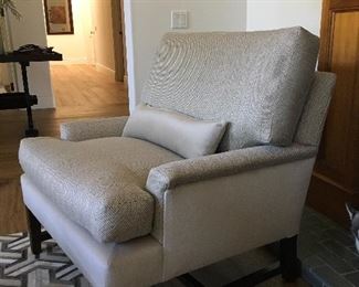 PAIR of brand NEW , custom made light gray mohair and chevron sunbrella upholstery. $2,500 for the pair. Each chair is 34” wide, 37” high, and 37” deep. Seat height is 21”
