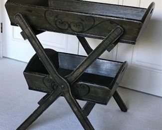 Double tray table from Argentina. Dark green and black, distressed finish. A great accent piece! 31” wide, 24” deep, 33” high at top of handles on top tray. $400.00