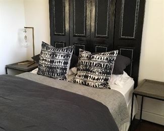 Wood screen with leather insets and nailhead trim. Reverses to gray pinstripe fabric. 60” wide, 79” tall, 1.5” thick. $75.00