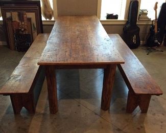 Reclaimed Barnwood table and two benches, 9 feet long 36 inches wide