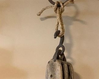 Antique Wood Framed Double Pulley