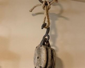 Antique Wood Framed Double Pulley
