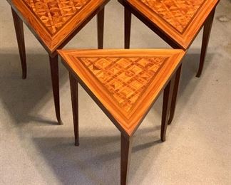3 Reuge Triangle Wood Inlay Music Box End Tables	20.5x20.5x18in each HxWxD