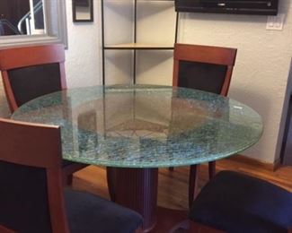 cracked glass dining table and 4 chairs, corner shelf unit