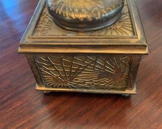 Tiffany Studios bronze inkwell with slag glass inserts
