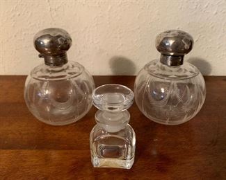 Cologne bottles and a small perfume bottle with sterling engravable shield shaped label on the front