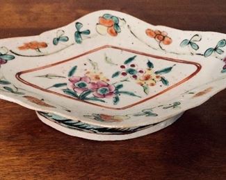 Antique Rose Famille porcelain footed triangle dish