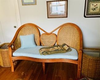 Rattan and cane settee with rattan glass topped end tables