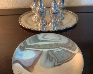 Sterling tray with sterling salt & pepper shakers and a footed sterling dish