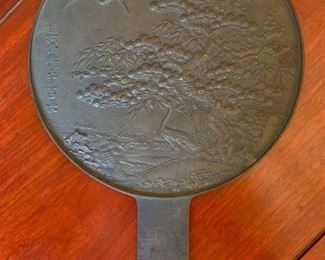 Antique Japanese bronze mirror with cranes and foliage motif
