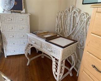 White wicket vanity, headboard and dresser