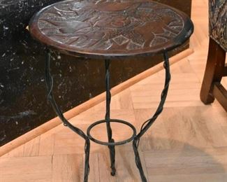 Side Table with Metal Base and Wood Carved Top