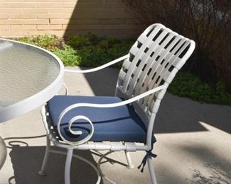 White Metal Outdoor Dining Table (Glass Top), Scroll Arm Chairs with Cushions & Blue Patio Umbrella