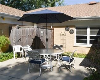 White Metal Outdoor Dining Table (Glass Top), Scroll Arm Chairs with Cushions & Blue Patio Umbrella